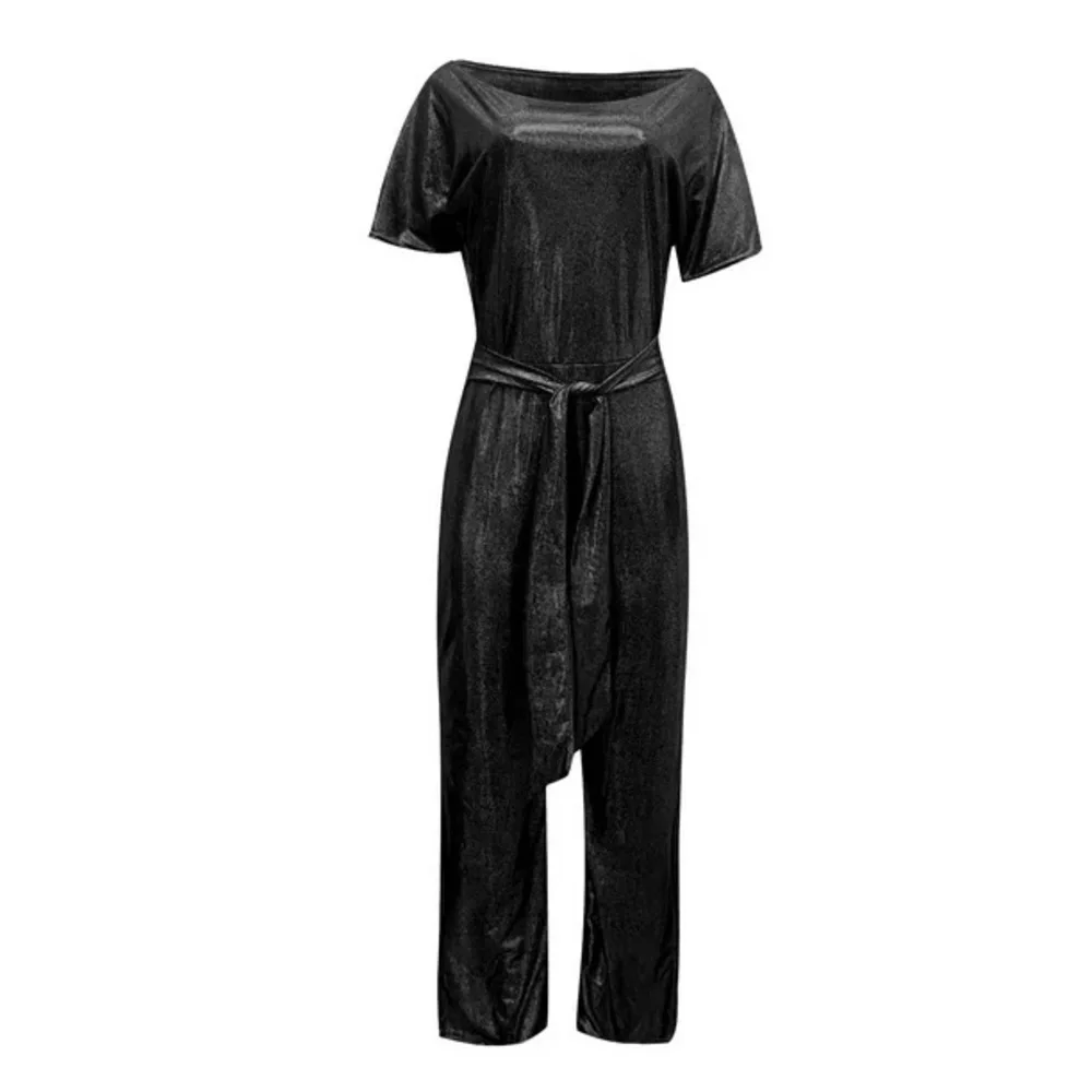 Women’s off shoulder sparkly jumpsuit with high waist and wide leg. - Picture 4 of 5